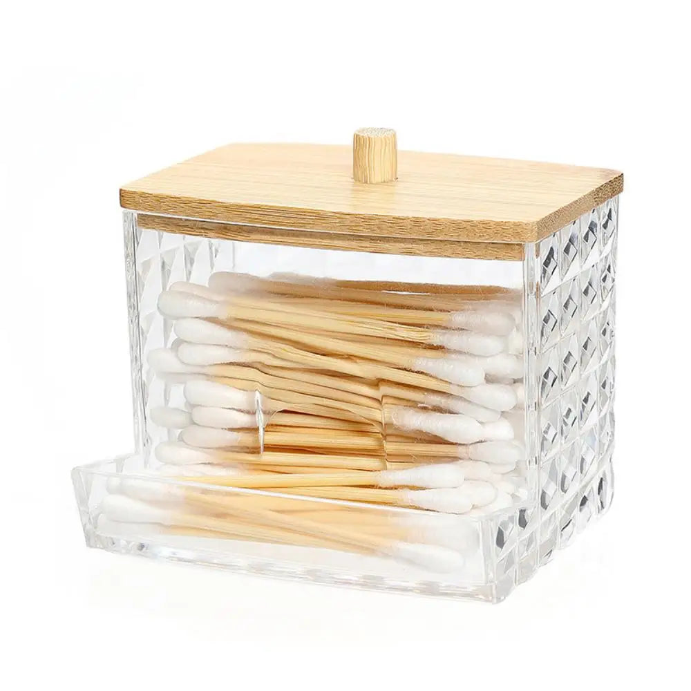 Acrylic Cotton Swab Holder with Bamboo Lid - Clear Cotton Swab Dispenser Bathroom Container Cotton Swab Canister
