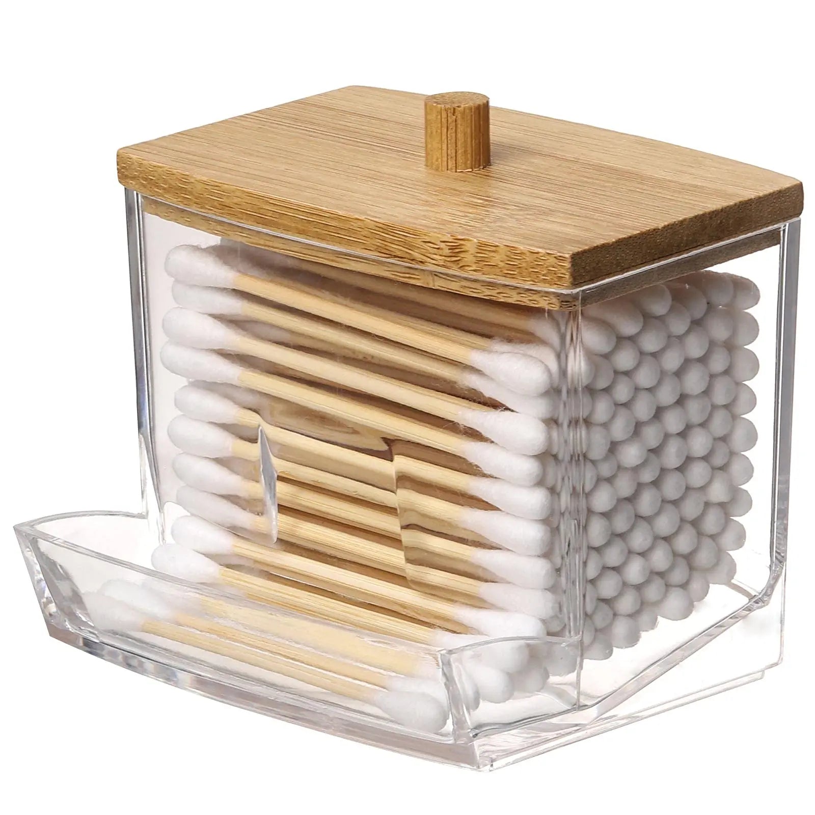 Acrylic Cotton Swab Holder with Bamboo Lid - Clear Cotton Swab Dispenser Bathroom Container Cotton Swab Canister