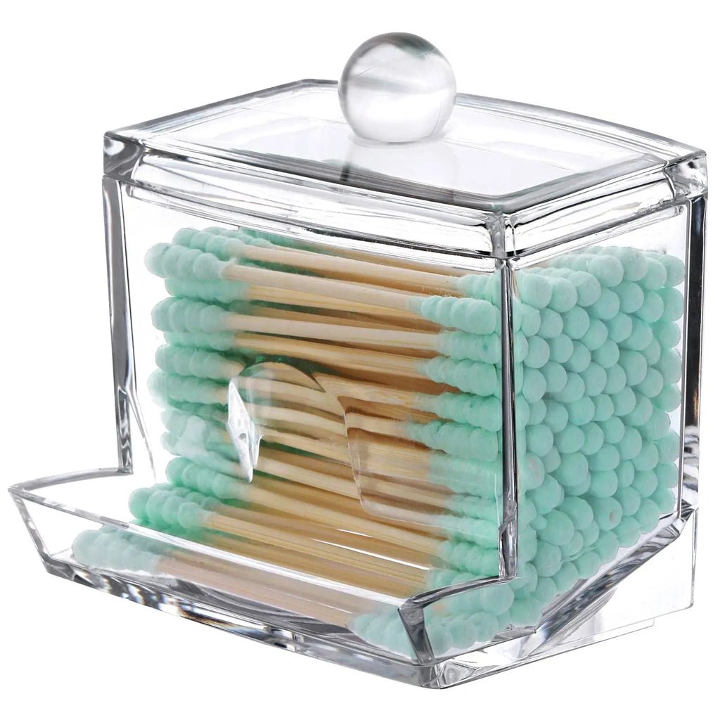 Acrylic Cotton Swab Holder with Bamboo Lid - Clear Cotton Swab Dispenser Bathroom Container Cotton Swab Canister