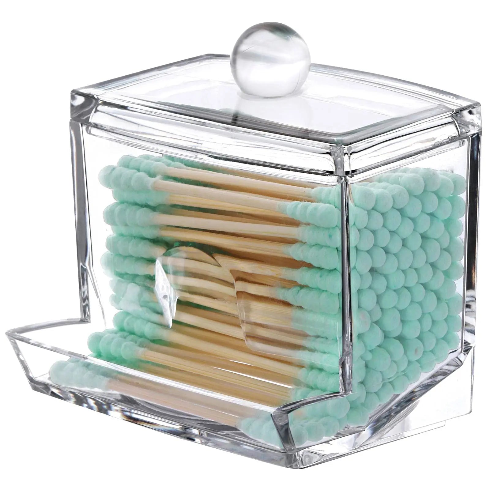 Acrylic Cotton Swab Holder with Bamboo Lid - Clear Cotton Swab Dispenser Bathroom Container Cotton Swab Canister